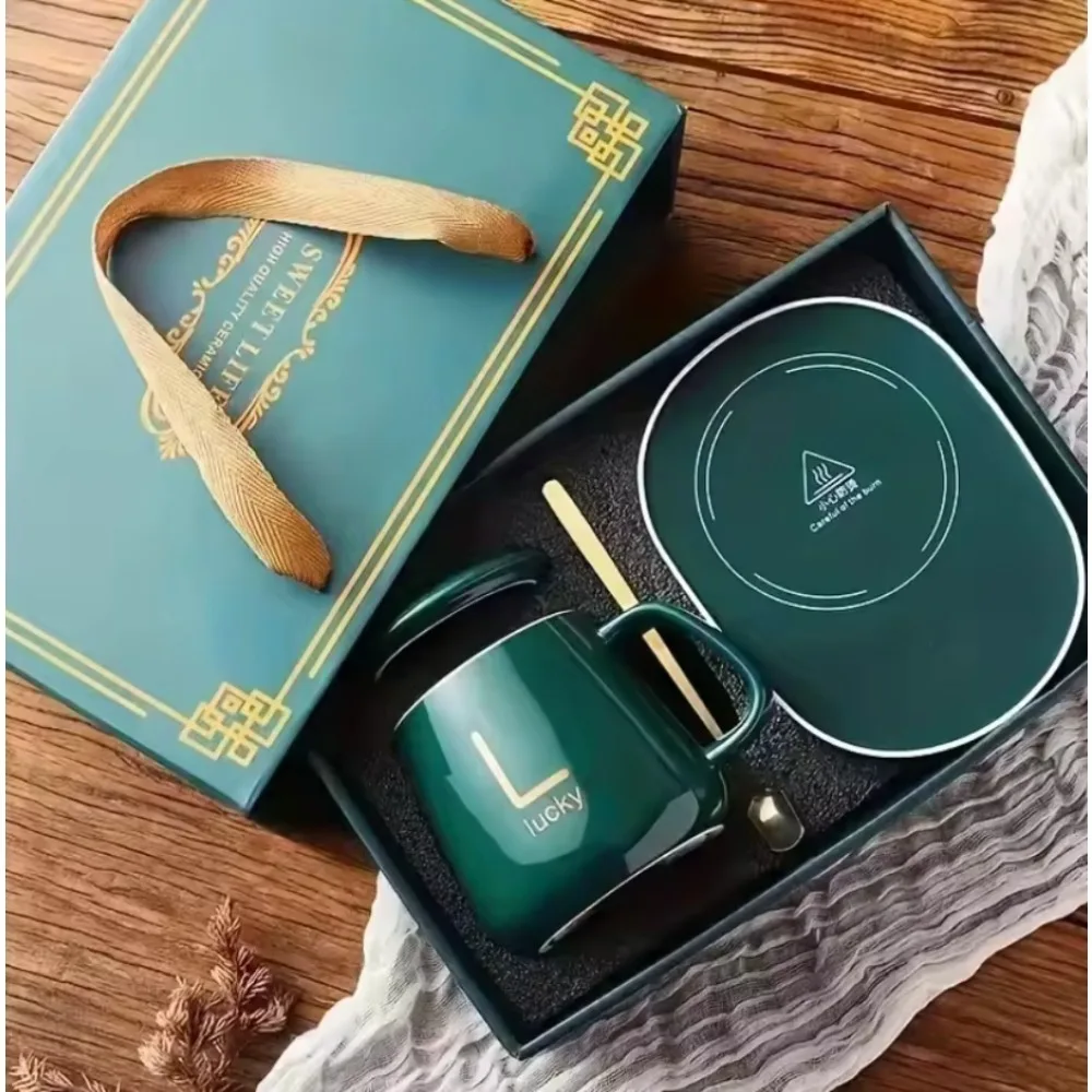 

Кружка, рождественский подарочный набор, 55-градусный термостат, керамическая чашка с крышкой и ложкой, кофейная кружка для офиса или домашнего использования, портативная еда