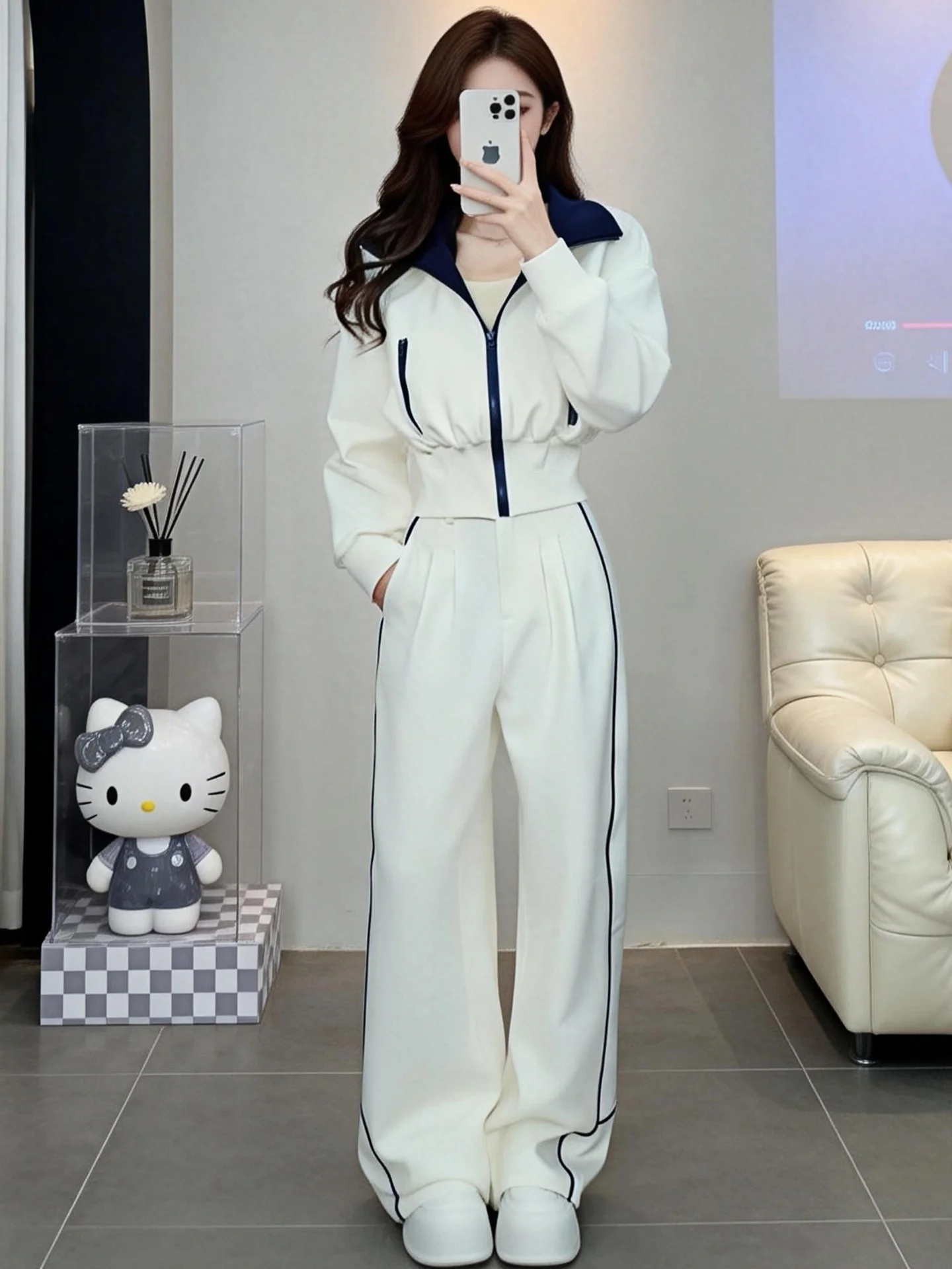 

Casual Women's Stand Collar Jacket Outerwear with High Waist Wide Leg Pants Two Piece Set Spring Autumn Slimming Fashionable