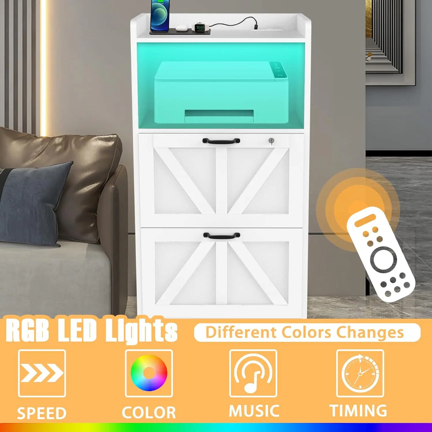 Lateral File Cabinet with Charging Station, Wood Filing Cabinet with Lock & LED Light, Large Storage Printer Stand for