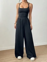 Women's Casual Solid Color Pleating Loose Straight Jumpsuit A-line Backless Halter Neck Slim Cami Jumpsuit Streetwear 2025 - Image 3