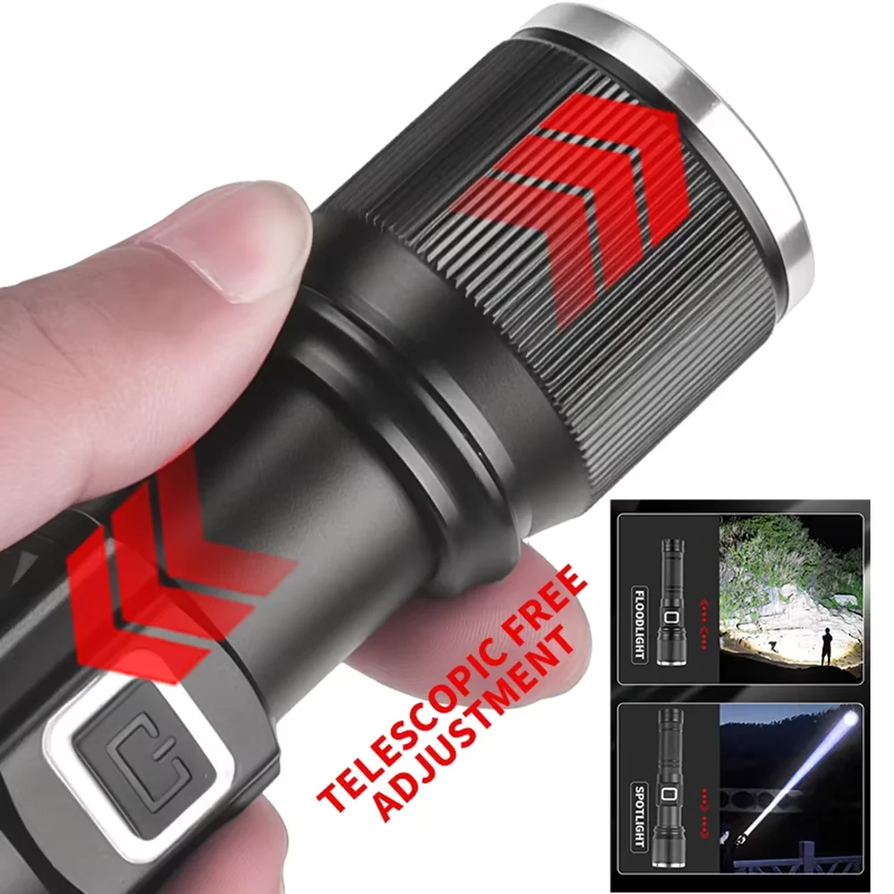 High Power Spotlight Long Range LED Flashlight LCD Numerical Display Zoomable Aluminium Alloy Torch Type-C USB Emergency Torch