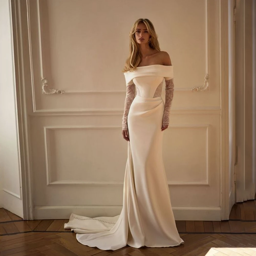 

Customized Elegant Satin Wedding Dress Detachable Sleeve Mermaid Charming Bridal Gown Sweep Train vestidos de novia For Bride