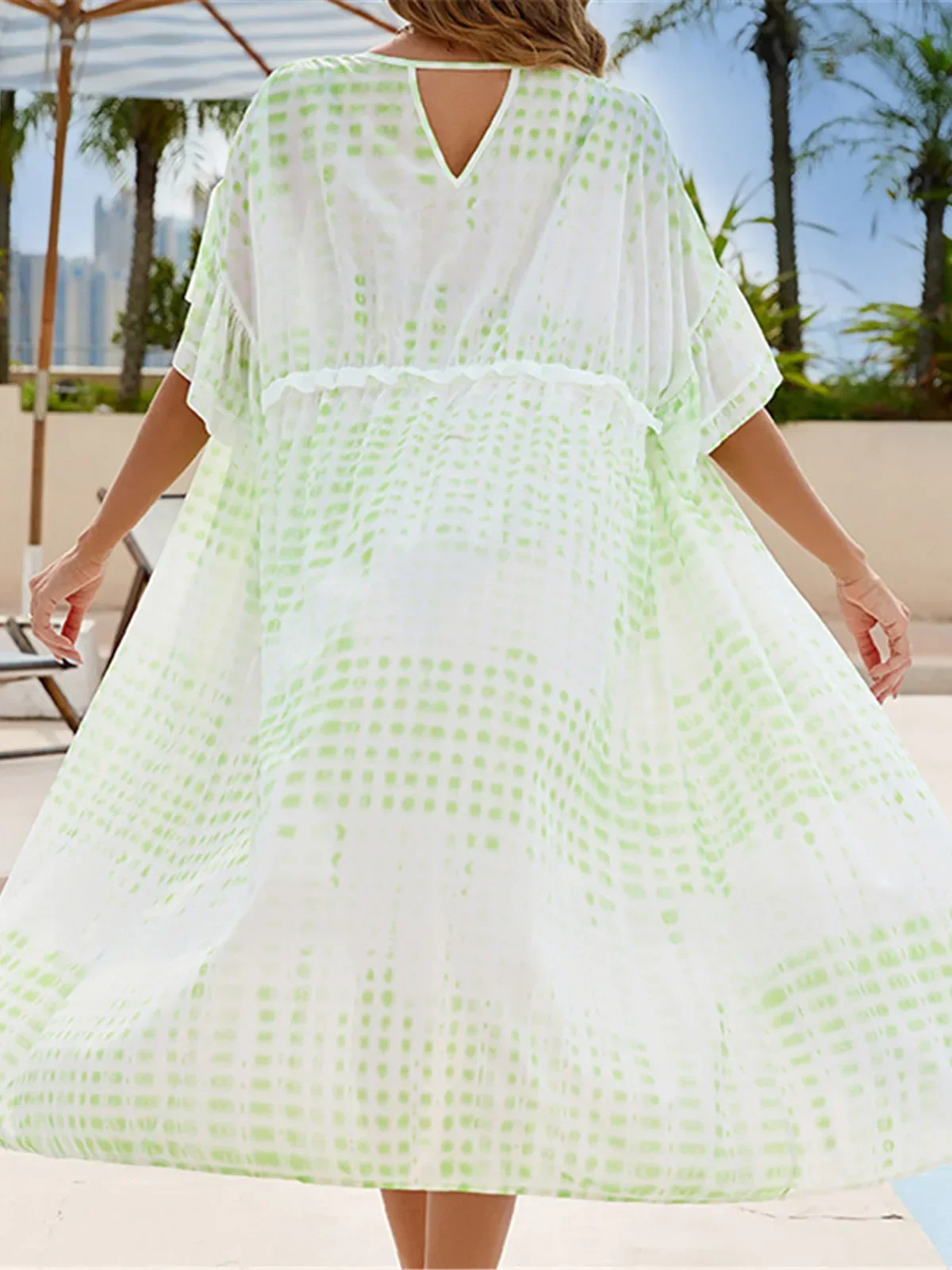 V Neck Short Sleeve Ruffled Crochet Knitted Tunic Beach Cover Up Cover-ups Beach Dress Beach Wear Beachwear Female Women K5585