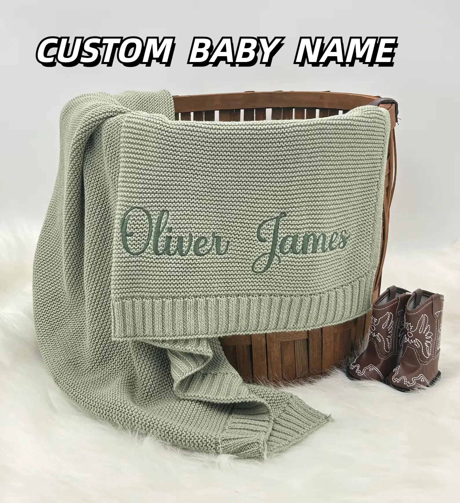 Embroidered Name Personalized Cotton Knitted Blanket Baby Boy Girl Soft Blanket Baby Breathable Stroller Blanket Newborn Gift