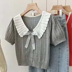 Turn-down Collar Hollow Out Short Sleeve Pullovers Women Clothing Sweet Young Style Patchwork Short Sleeve Top Tee Knitting New