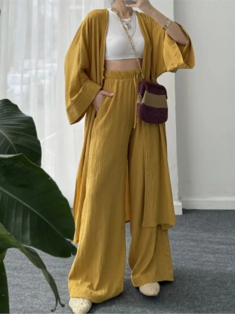 Fashionable Long-sleeved Cardigan + Wide-leg Pants 2-piece Set For Women Autumn Solid Color High Street Loose Casual Suit Female