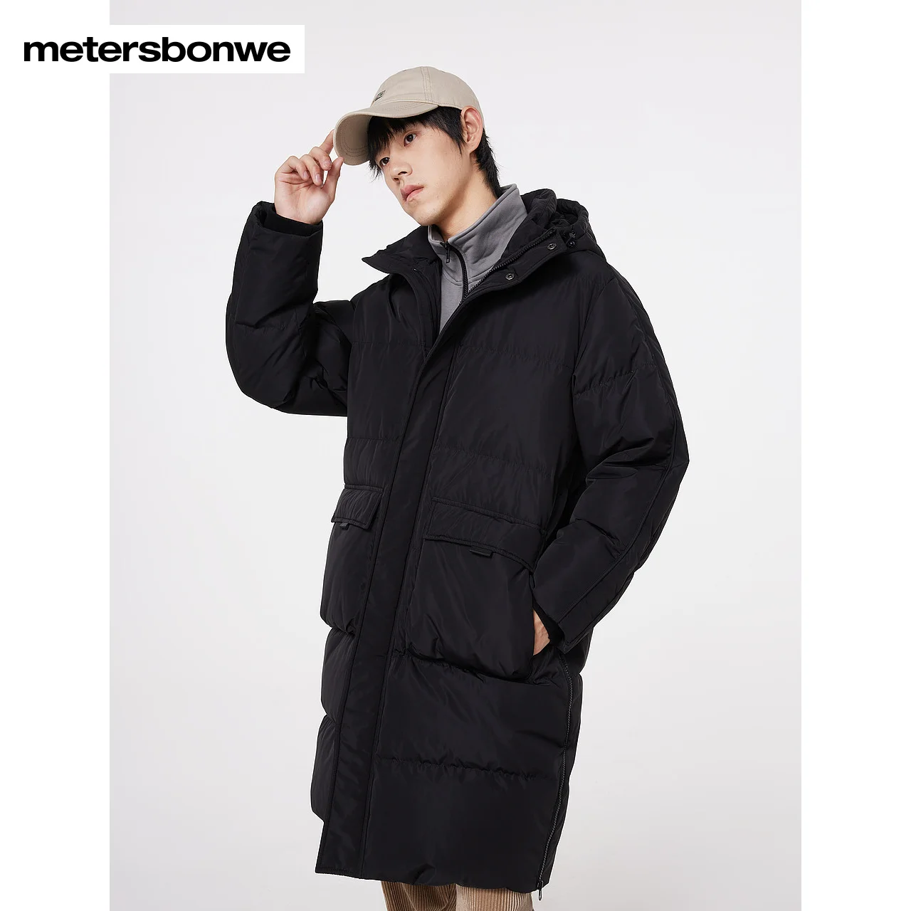 Metersbonwe-Men's Down Jacket Long Hooded Hem Side Seam Zipper Back Print Duck Down Comfort Windproof Warm Outerwear Winter