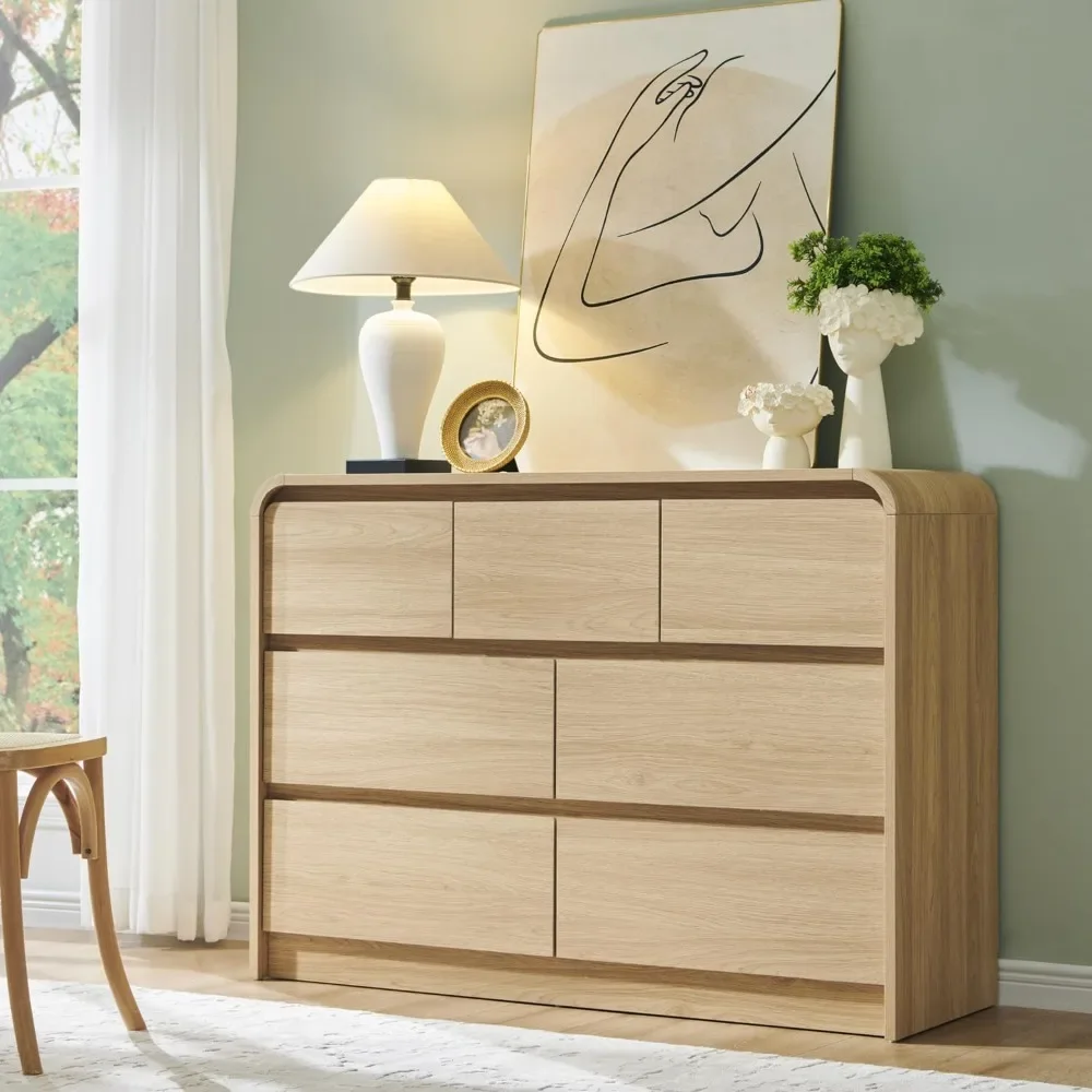 

Modern 7 Drawers Dresser for Bedroom, 47" Wide Wood Dressers & Chests of Drawers w/Curved Profile Design, Mid Century Modern Dre