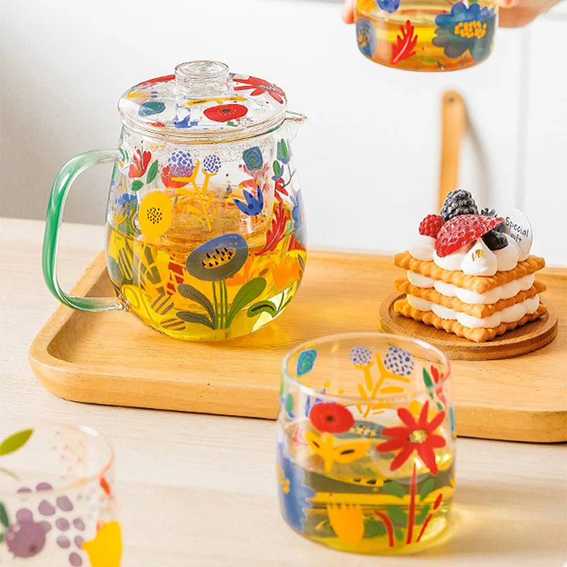 Ins Popular Tea Cup 660ML Teapot Set Cartoon Fruit Printed Home Office Use Glass Drinkware Sets Japan Creative Simple Style