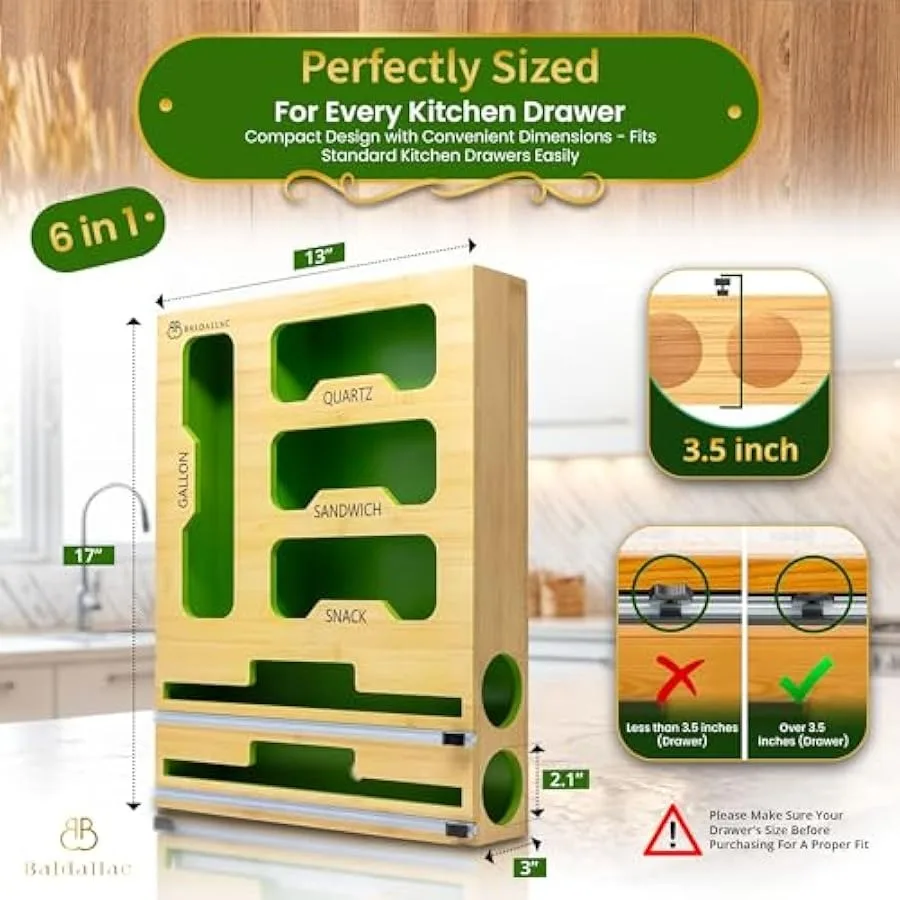 Ziplock Bag Organizer Foil and Plastic Wrap Cutter Bag Storage Organizer for Kitchen Drawer Bamboo Organizer for Gallon Quart S