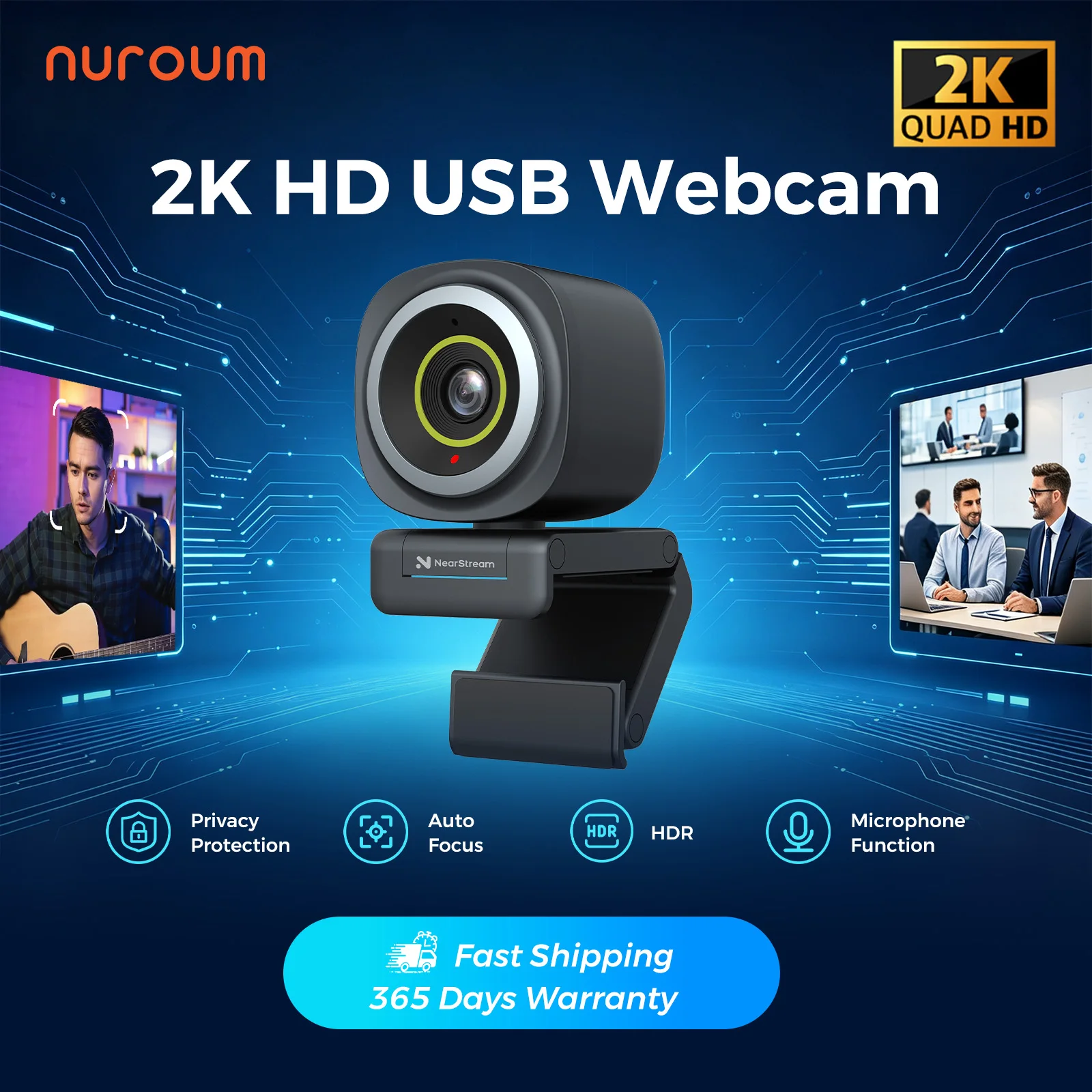 NearStream V02AF Full HD 1080P@60FPS USB Webcam, Built-in AI High SNR Noise Cancelling Mic, Intelligent Auto Focus, 60/75/95° Adjustable FOV, NearSync Software for Custom Image Tuning, Plug & Play Laptop Desktop Camera for Video Calls, Online Classes