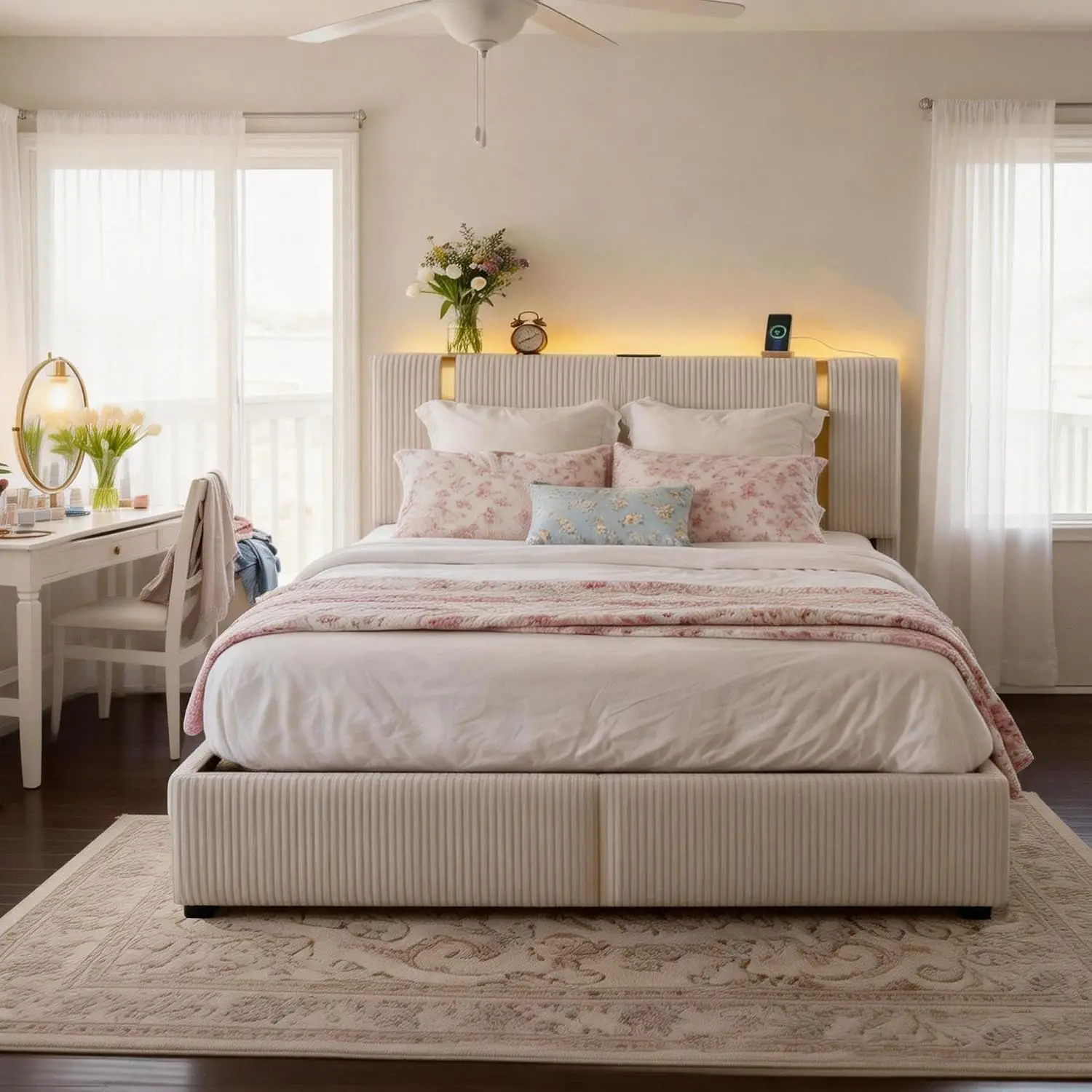 Bed Frame 6 Drawers Adjustable Headboard Beige, Customized image 4