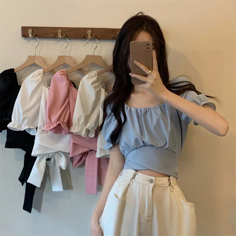 2024 Spring and Summer New Short Blouse Back Bow Tie Short-sleeved Shirt Casual Top Women\'s Clothing кофта Blusas Para Mujer블라우스