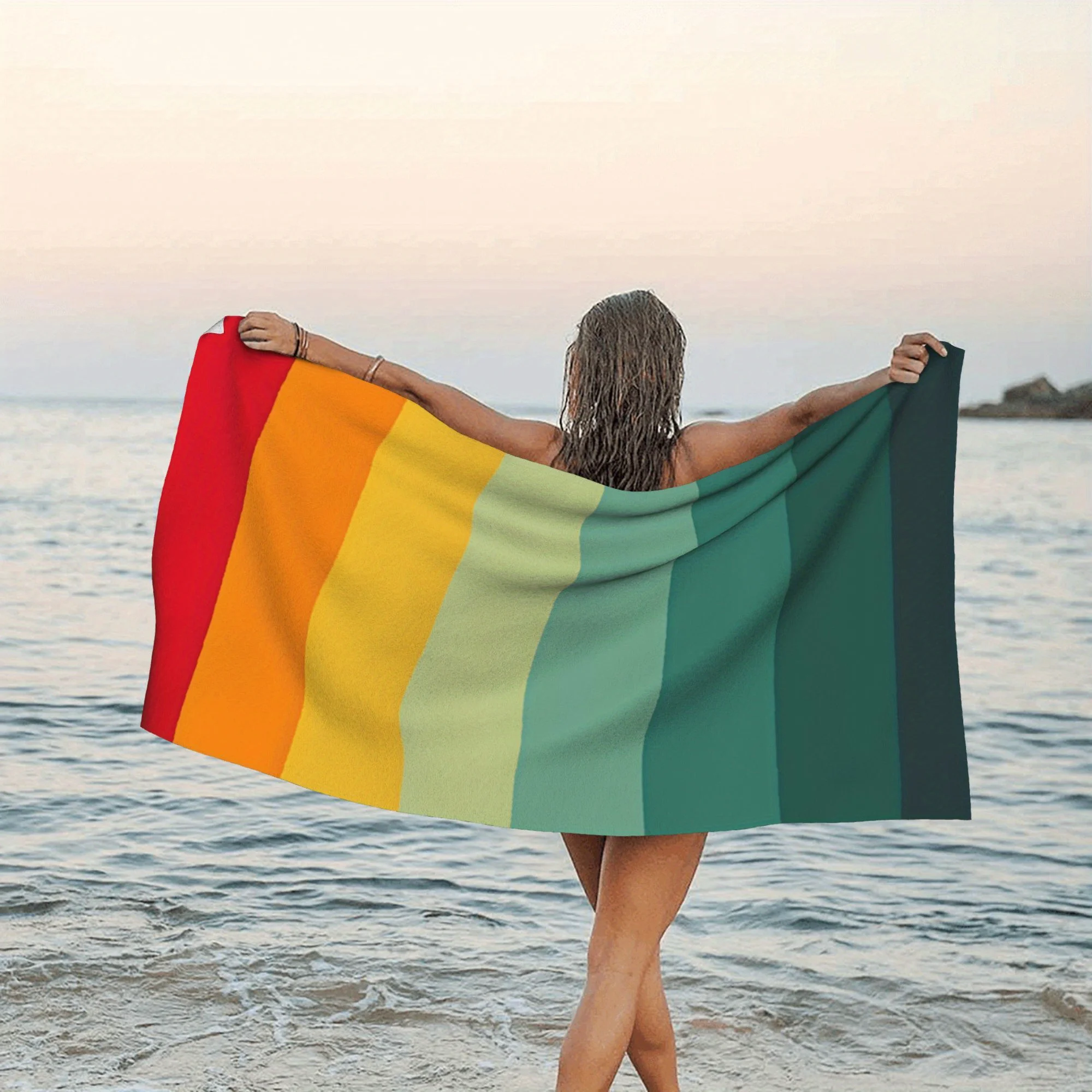Retro Rainbow Stripe Beach Towel Patterned Sunscreen And Windproof Suitable For Swimming Pool Camping Travel Blanket
