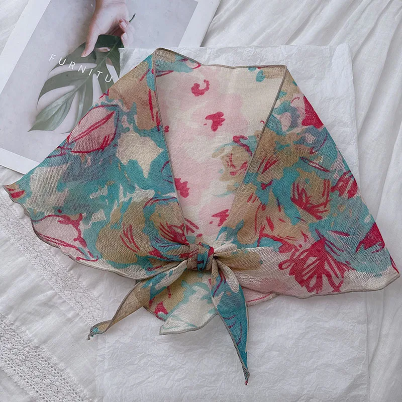 

Льняной шарф с яркими цветовыми сочетаниями, маленький шарф для шеи, дорожный платок в лесном стиле, двусторонний, высокого качества.