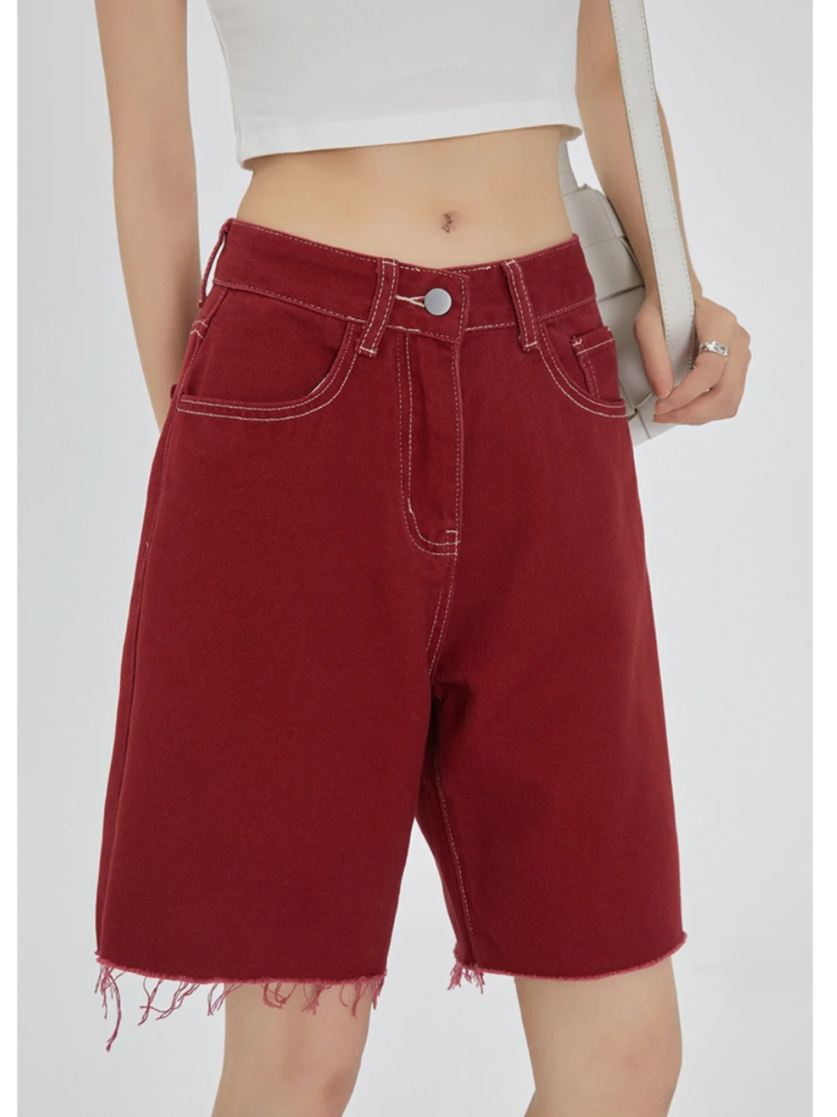 ZHISILAO Red Denim Shorts Women Vintage Y2K High Waist Straight Jeans Shorts Summer 2024