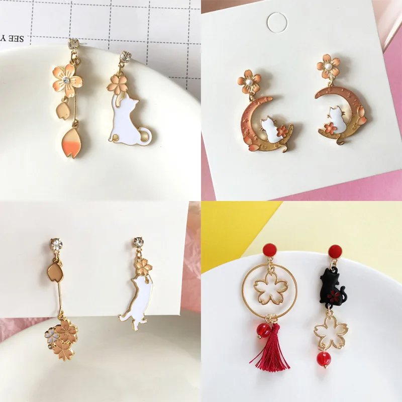 Japan and Korea fashion kitten cat flower asymmetrical long fringed pendant rhinestone painting oil ear stud earrings women