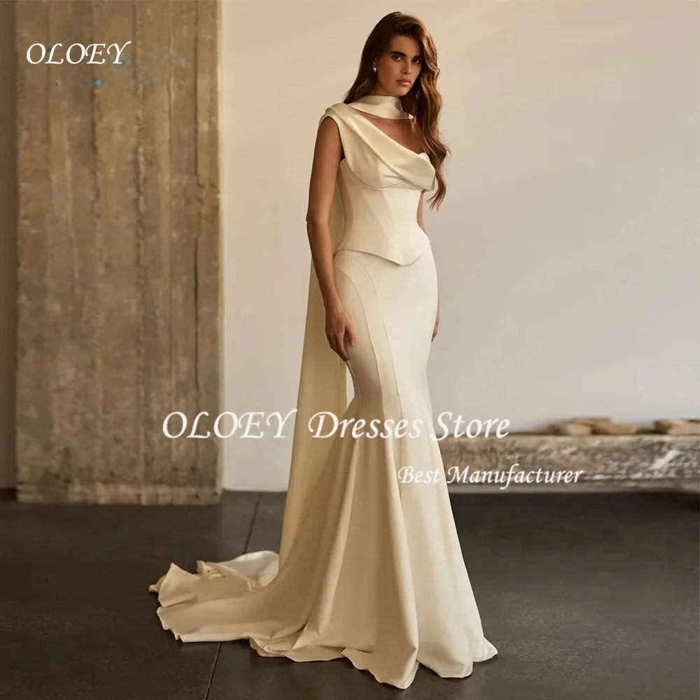 OLOEY Elegant Off the Shoulder Stain Wedding Dresses with Scarf Customized 2026 Mermaid Bride Dress Court Train Robe De Mariée