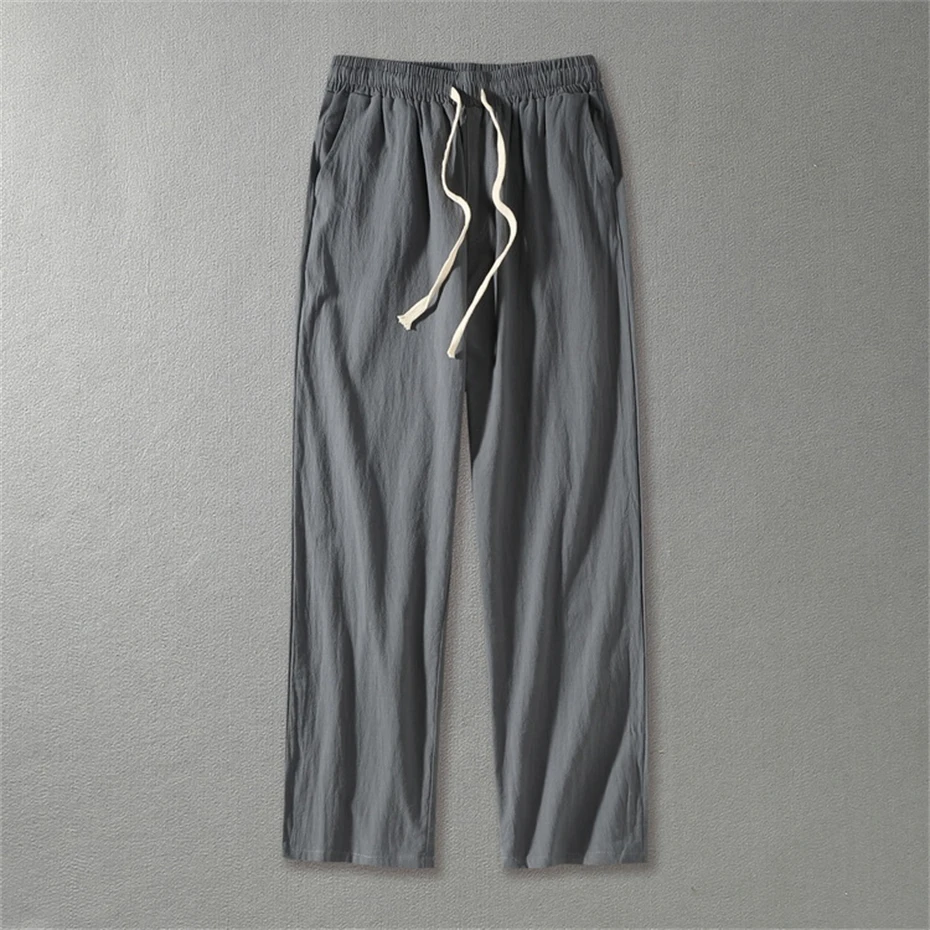 Solid Color Linen Pants Men 9XL Plus Size Pants Fashion Casual Straight Pants Male Linen Trousers Big Size 9XL