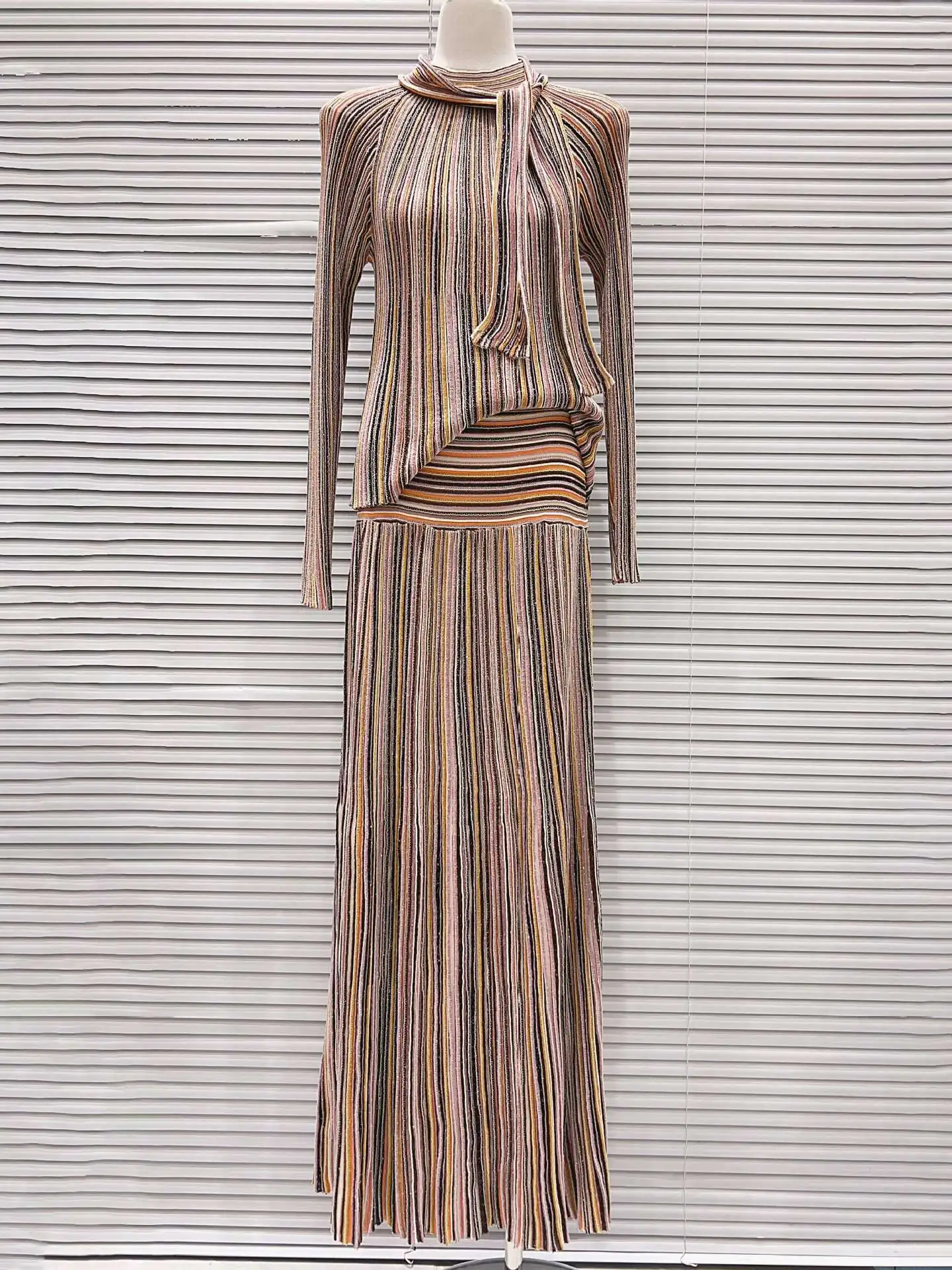 High-End Version Glitter Stripe Long Sleeve Knitted Dress And Skirt Set Fashionable Italian Single Luxury Heavy Embroidery