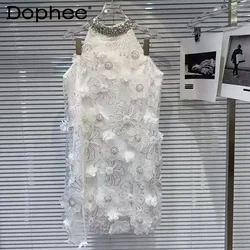 2024 Summer New Rhinestone Beaded Hanging Collar Elegant Socialite Retro 3D Flower Embroidery Sleeveless Chiffon Dress for Women