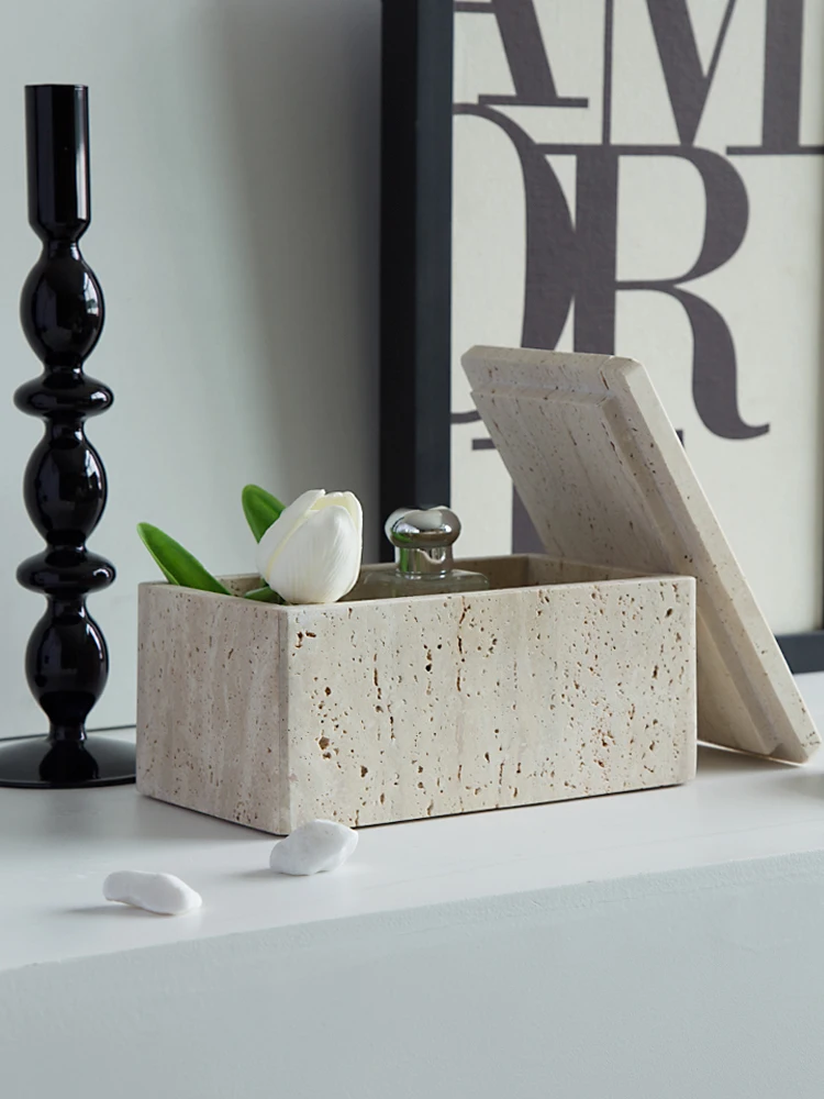 Marble Storage Box for Bathroom Cotton Swab Balls Vintage Travertine Stone Storage Container for Jewelry Perfume