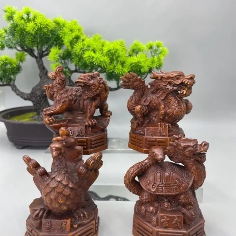 Hand Carved Wood Azure dragon, white tiger, vermilion bird, black tortoise Statue Figurine Desktop Ornaments Home Decoration