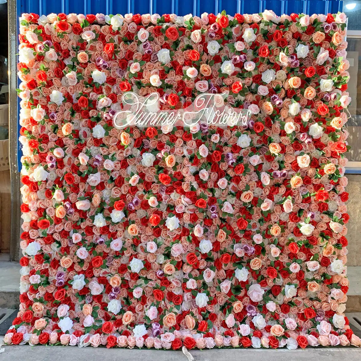 

New 3D luxury Orange red rose white hydrangea Curtain Flower Wall Outdoor Wedding Backdrop Decoration Events Prop Window Display