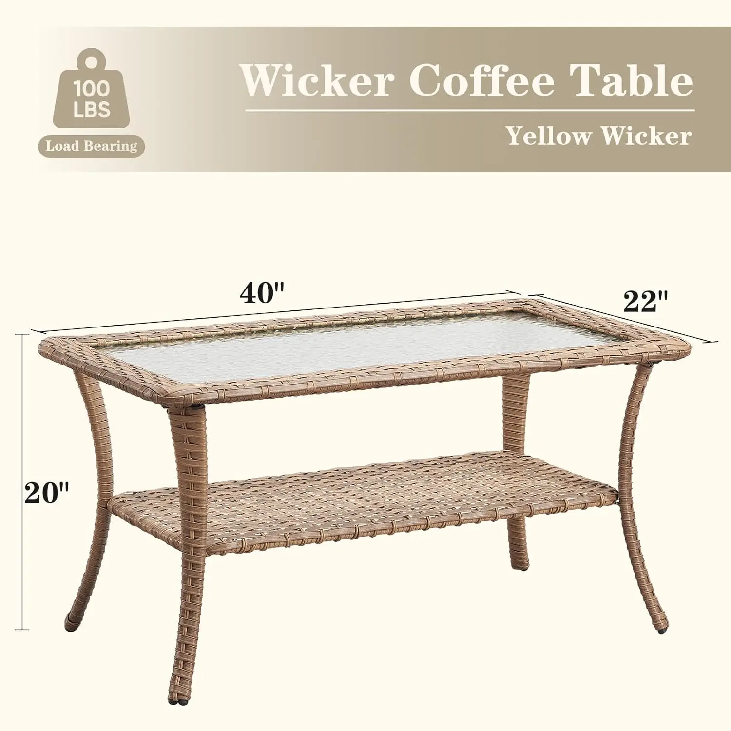 40in Rattan Patio Coffee Table 2-Layer Storage Tempered Glass for Porch Balcony Deck