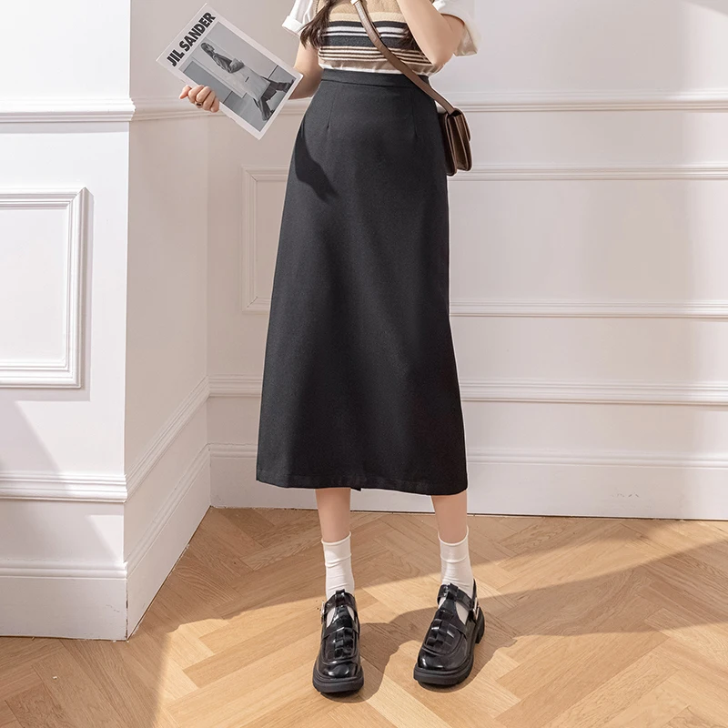 

New Fashion High Waist A-line Midi Skirt Women Spring Autumn Elegant Long Skirts Solid Color Casual Basic Female Skirt