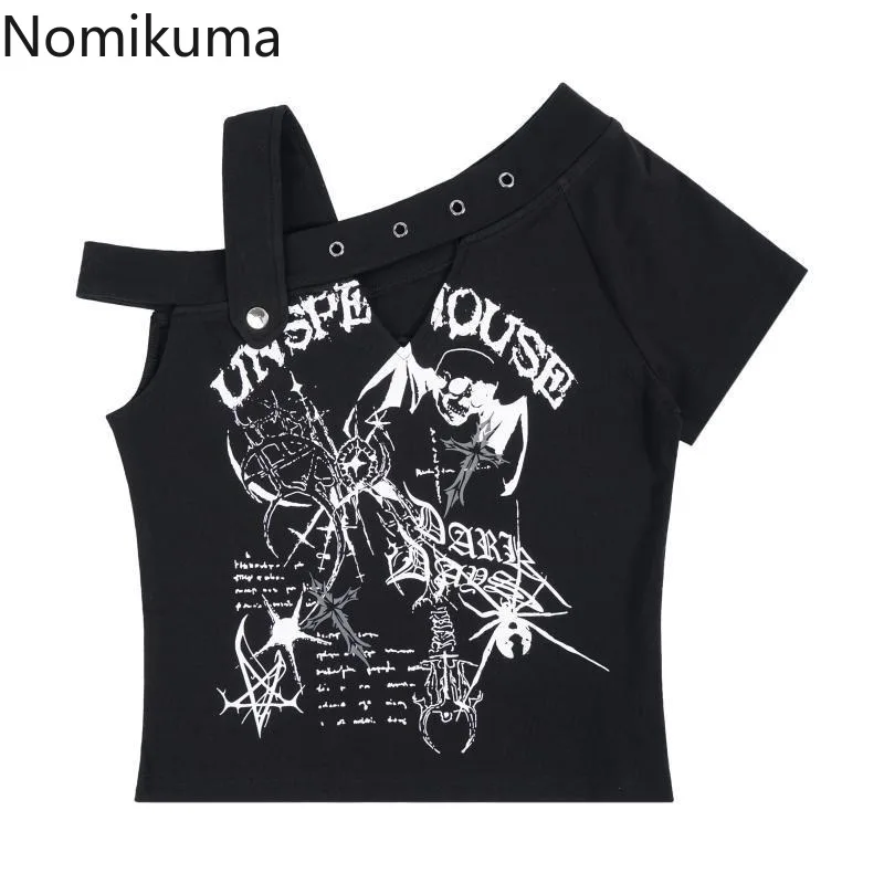 Harajuku Y2k Tshirts for Women Fashion Japanese Camisetas Black Punk Skull Tees Crop Tops Skew Collar Tunic Off Shoulder T-shirt