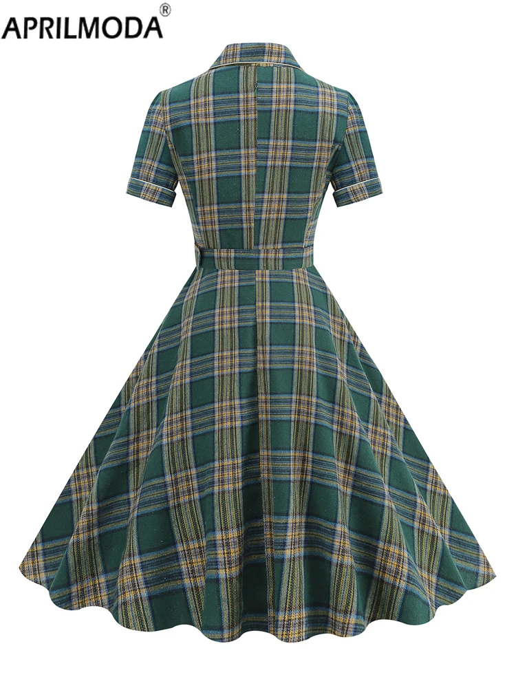 Autumn Winter Flare Tea Midi Dress Notched Collar Buttons Belted Women 1950s Vintage Plaid Rockabilly Dresses Elegant Clothing