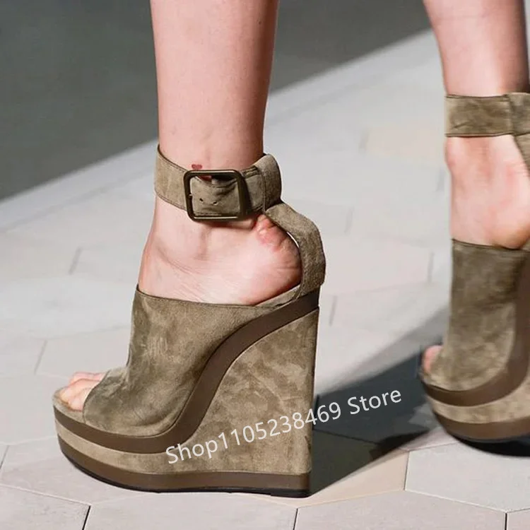 

Newest Women's Dark Khaki Peep Toe Heels Ankle Strap Wedge Platform Sandals