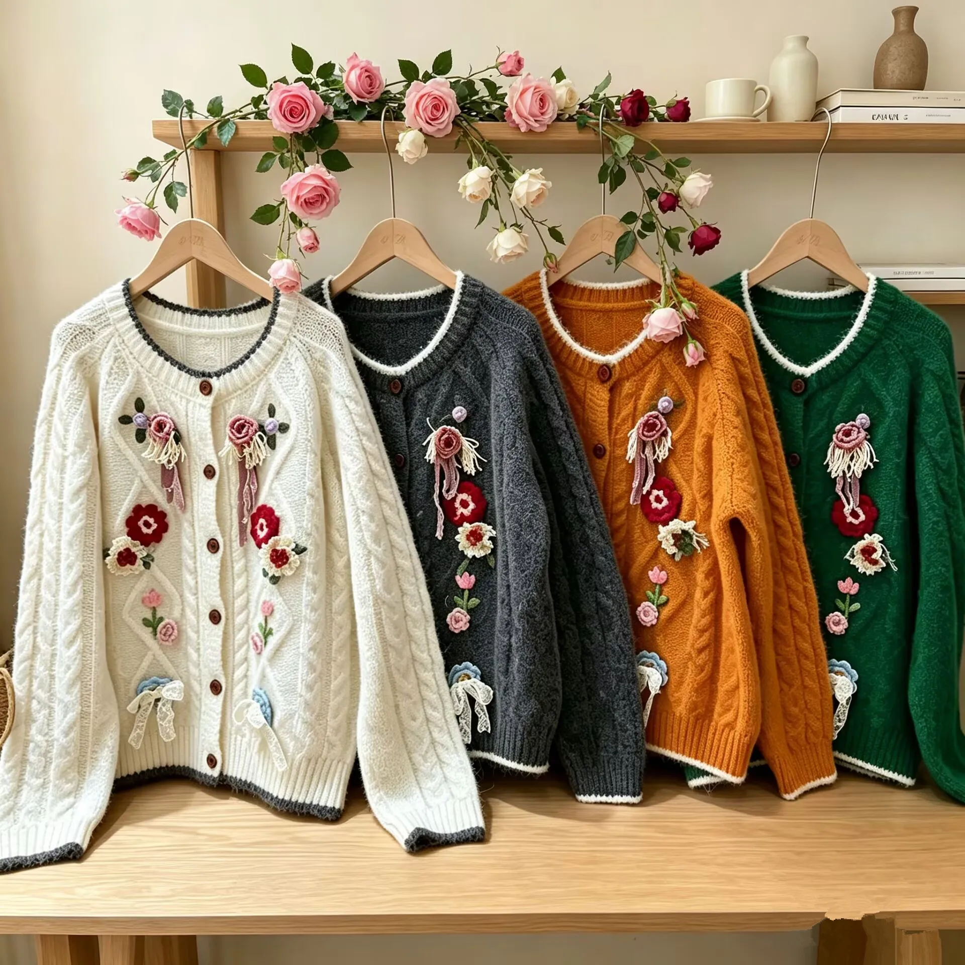 Women's Autumn Winter Hand-Embroidered Flower Cardigan Mori Girl Loose Retro Knit Coat