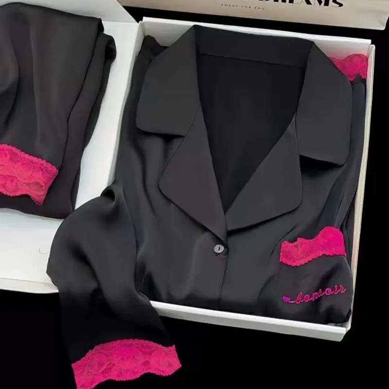 2024 New Sexy Sleepwear Women's Spring Autumn with Ice Silk Long Sleeves and Thin Styles Fashionable Suitable Pajama Sets