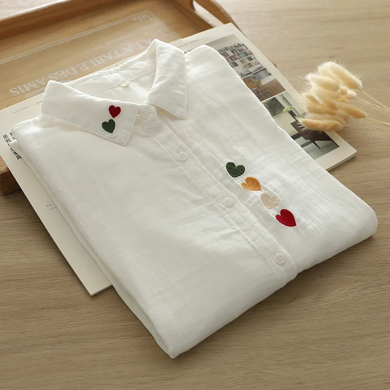 Cotton yarn base shirts woman tops 2024 Japan style elegant plus size white blouses long sleeve heart-shaped embroidered shirts