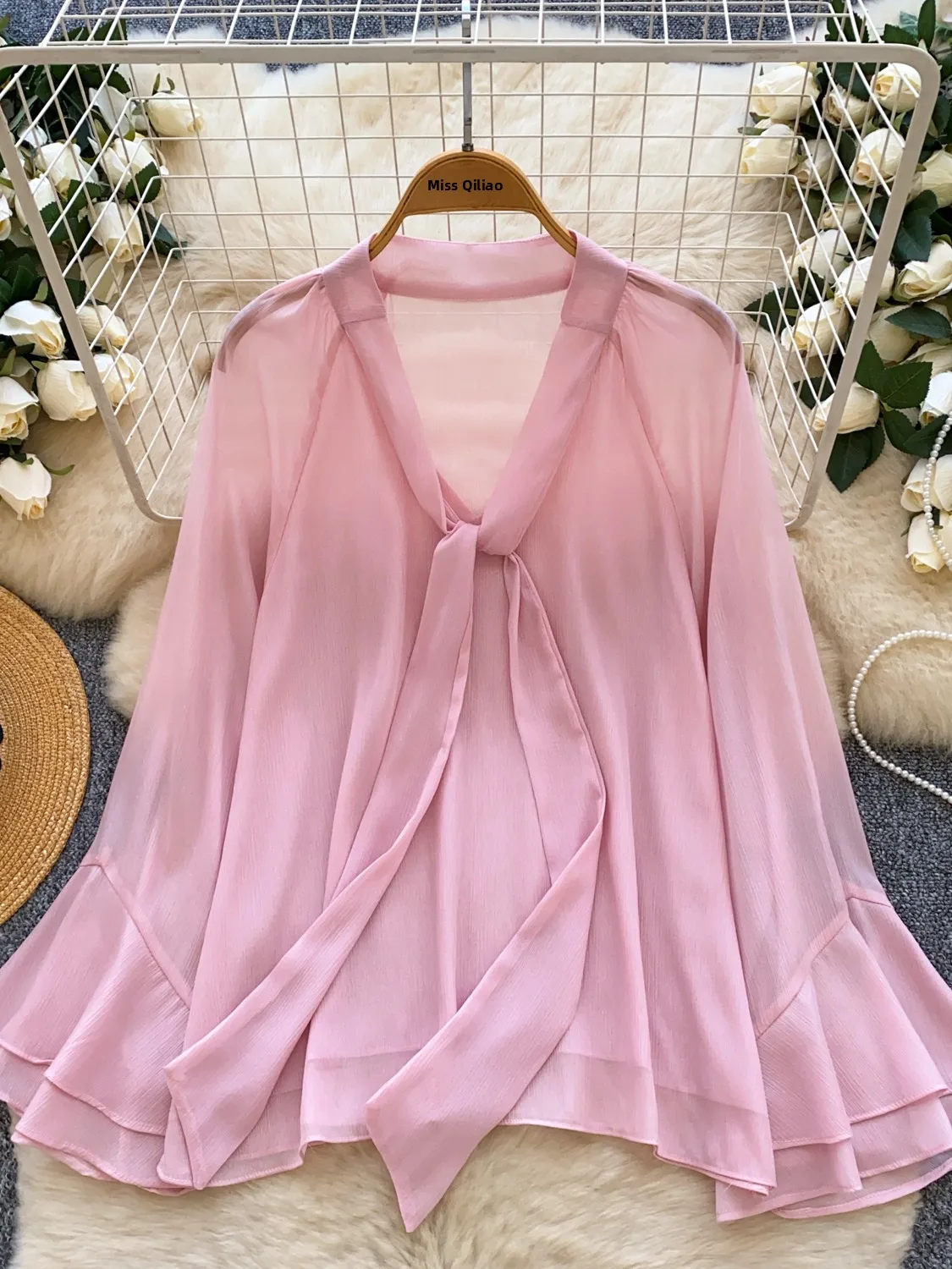 French Sle Loose Fit V-Ne Bell Sve Chiffon Irt Thin Transparent Slim Fit Bell Bot Top für Damen Herbst Faion
