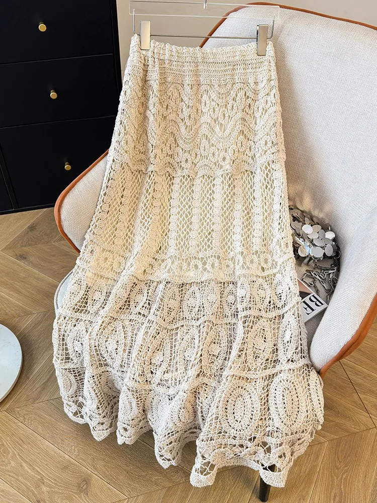 Retro Knitted Lace Hollow out Half Skirt Women's Summer Bohemian Beach Vacation Gown A-Line Long Skirt Elastic Waist