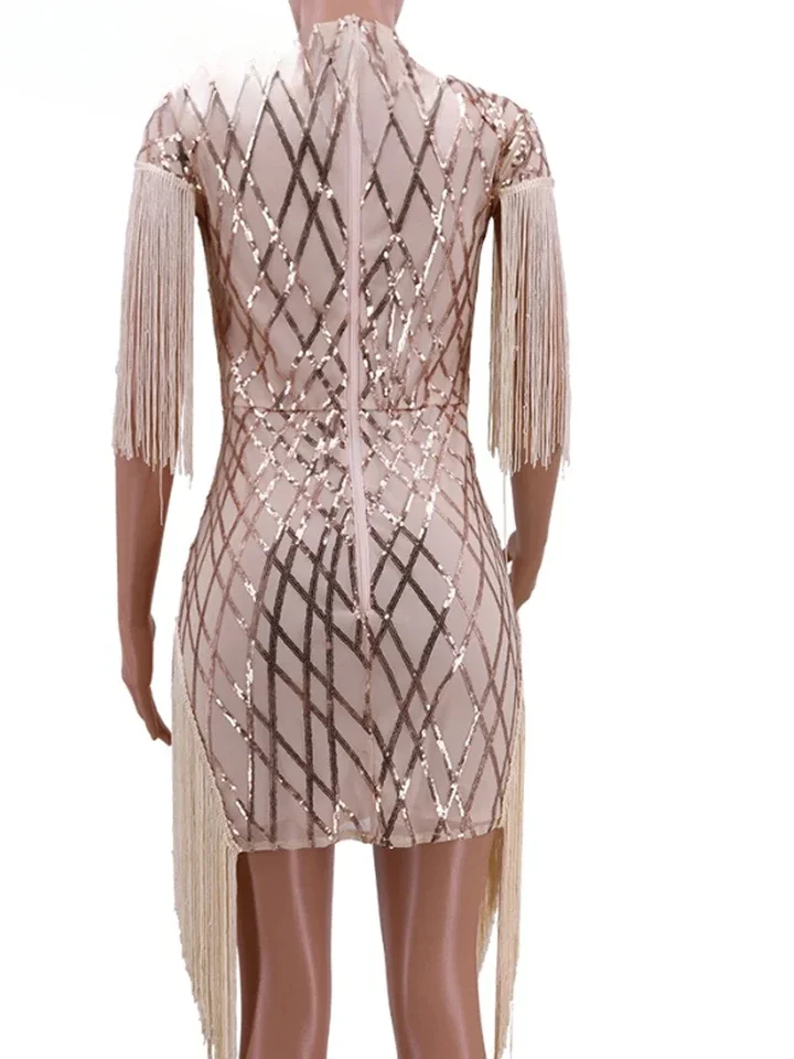 Mini abito da festa aderente con nappe eleganti con paillettes alla moda da donna