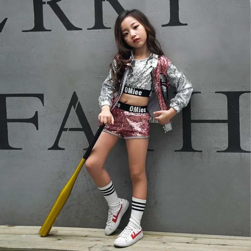 children girl Hip Hop costume sequins glitter jazz street dance baseball clothes coat pants T-shirt kid  pink silver /