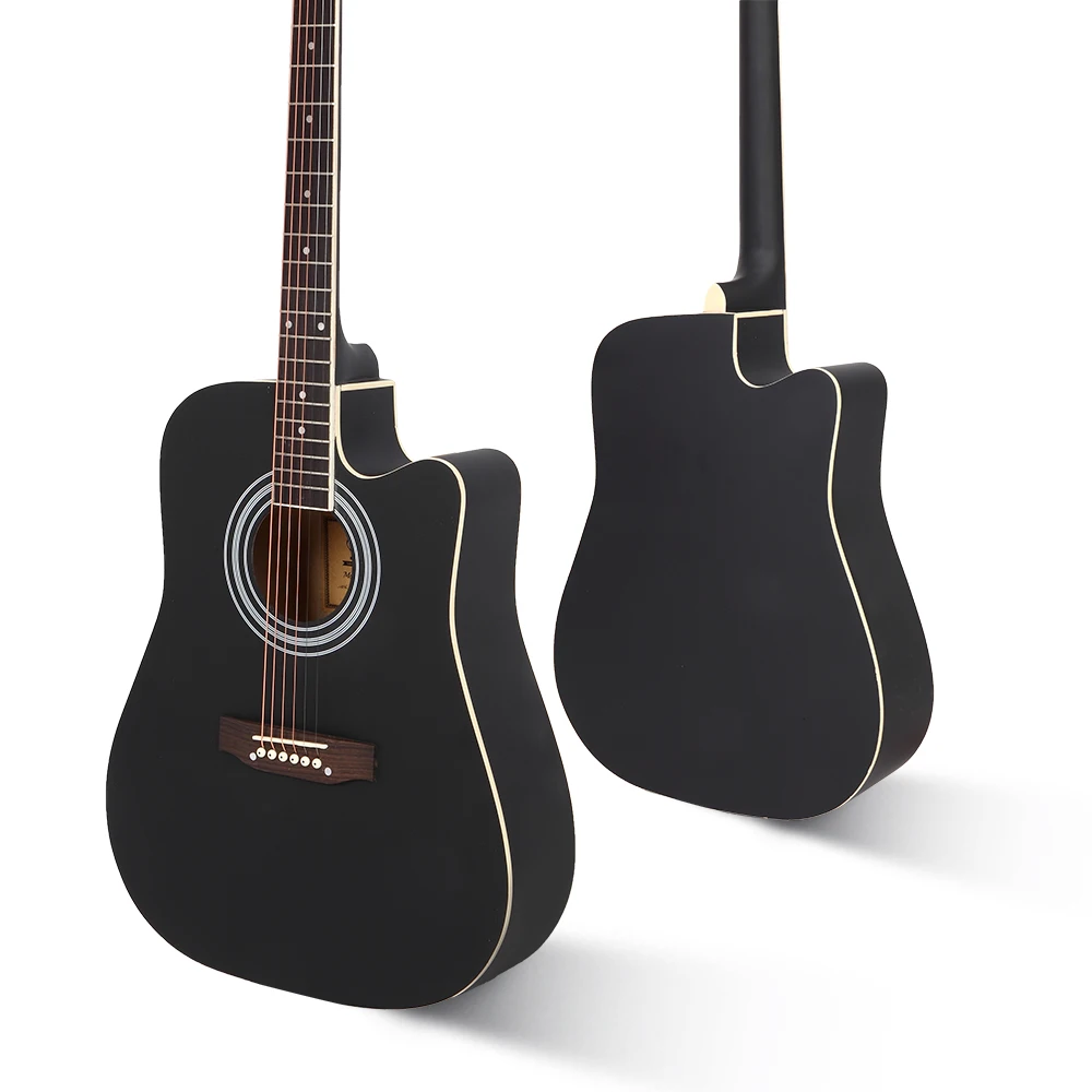 Panel de abeto con muesca de 41 pulgadas, borde mate, guitarra popular con bolsa, llave protectora, color negro