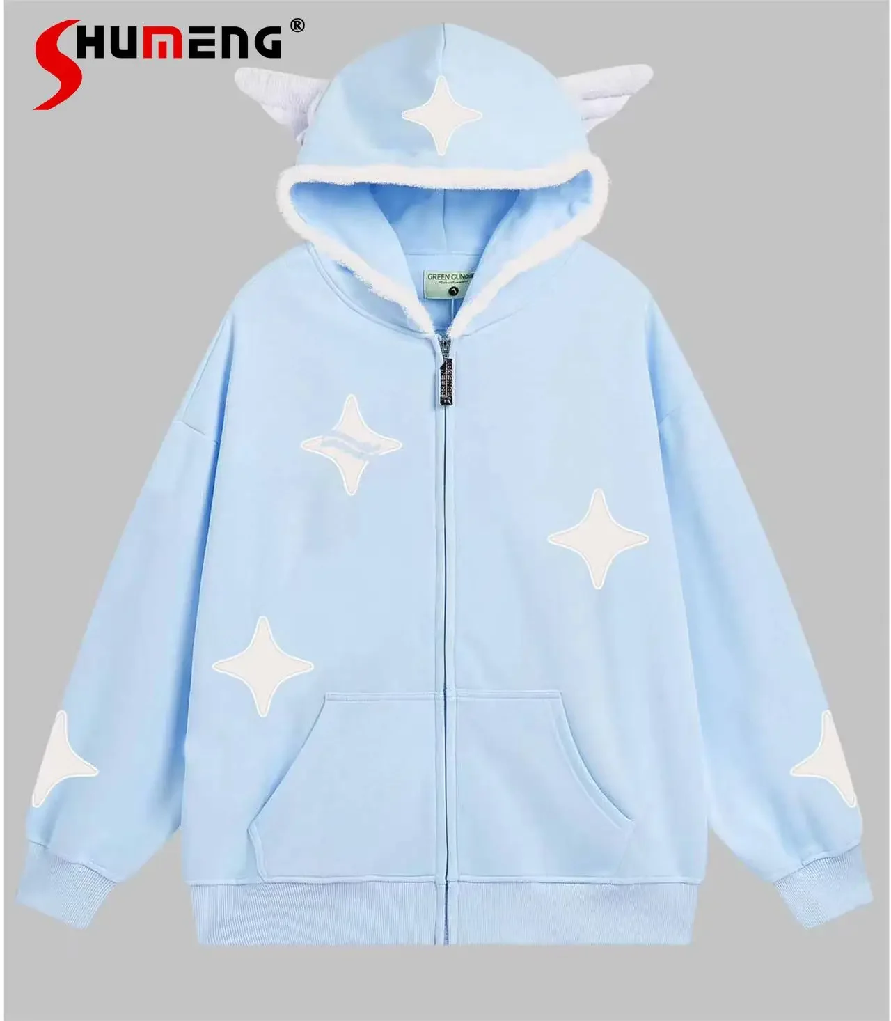 Original Cute Sweet Wings  Hooded Sweatshirt Cardigan Students 2024 Spring New Loose Couple Light Blue Long Sleeve Hoodie Coat