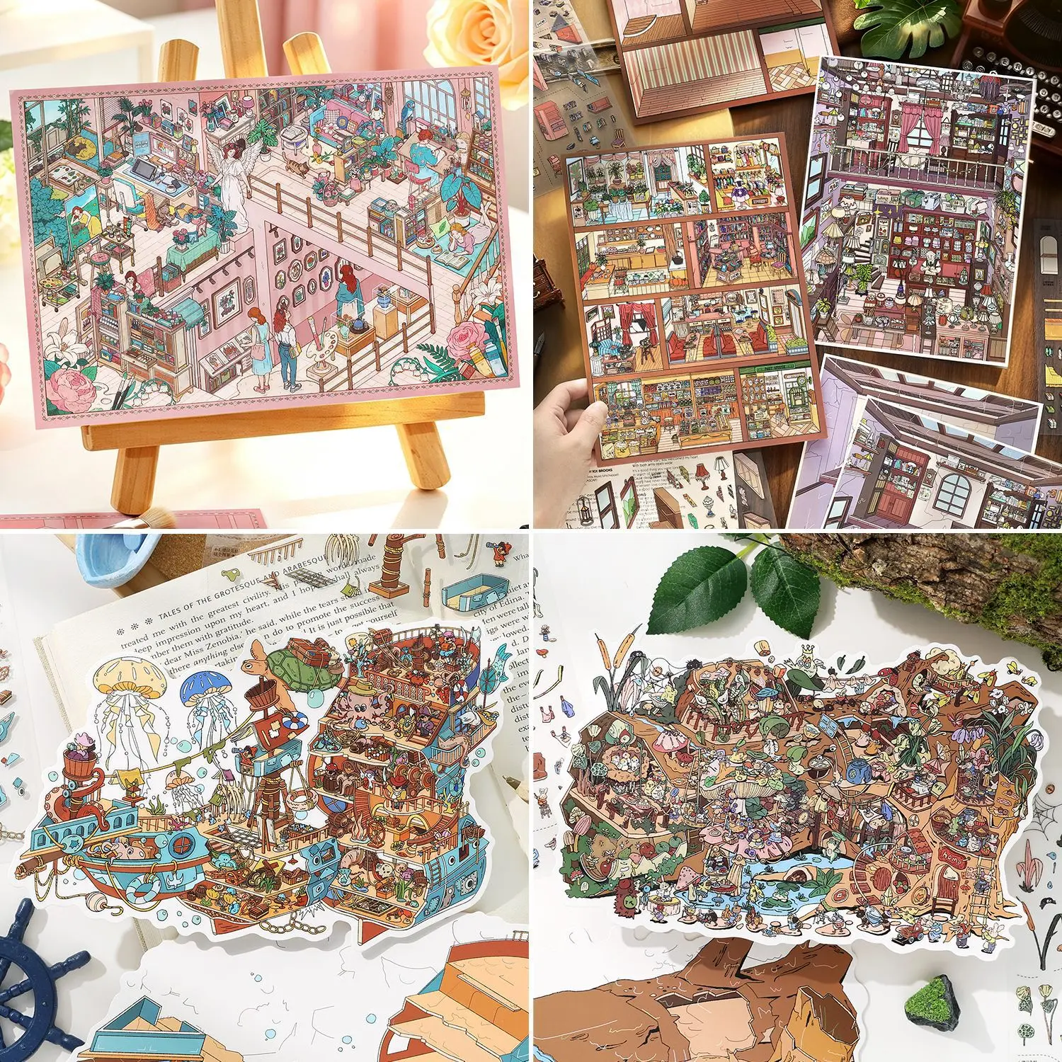 Fun landscape stickers featuring ancient wooden village scenes, fairy tale like tree hole cottages, stream forest village sticke