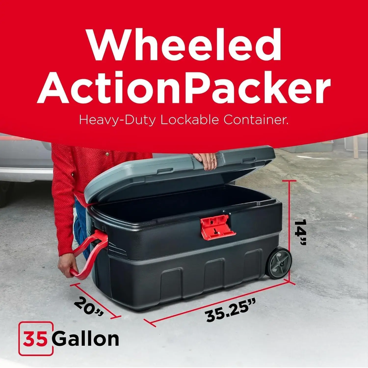 W_ActionPacker 35 Galon, Buatan AS, Tempat Penyimpanan Plastik yang Dapat Dikunci dengan Tutup dan Roda - Luar Ruangan, Industri, Kokoh, Berkemah
