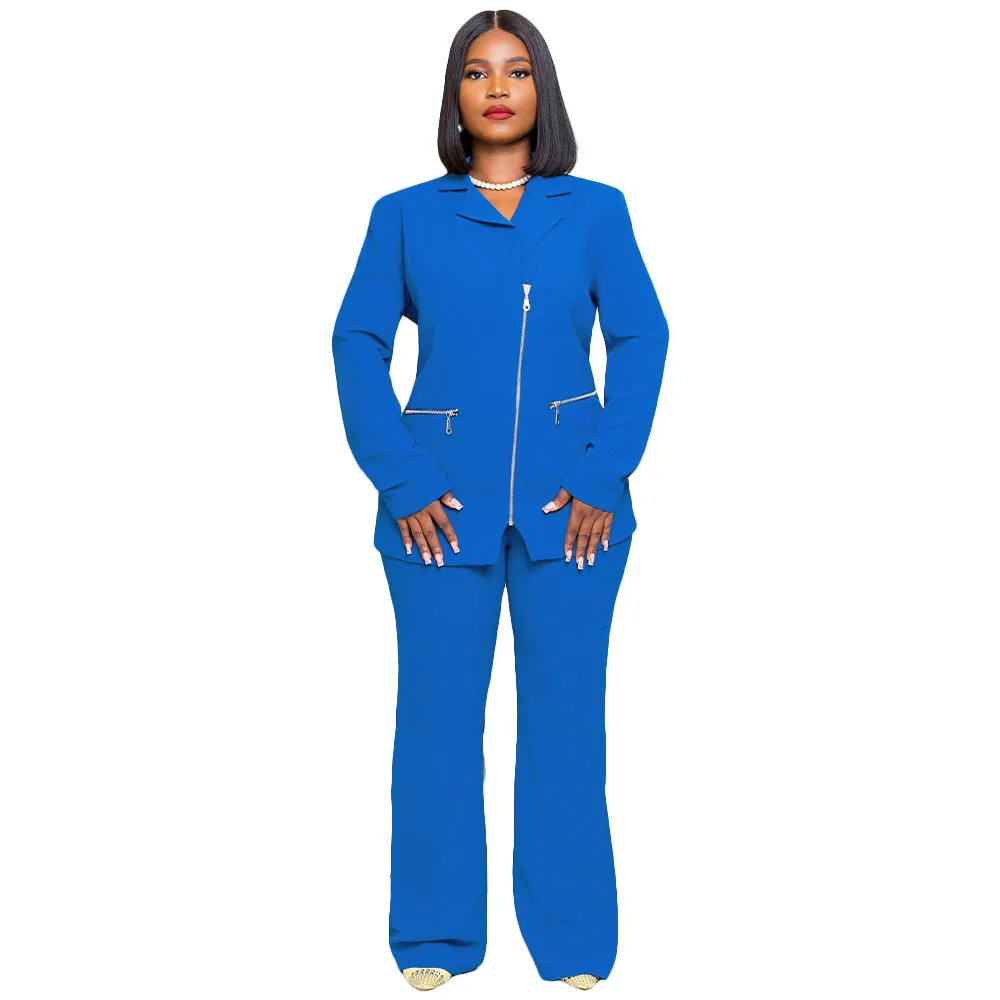 

African Women Sets Solid Long Sleeve Zipper Blazer Jacket Pants Suits Office Lady Elegant 2 Piece Set Outfits Africa Clothing
