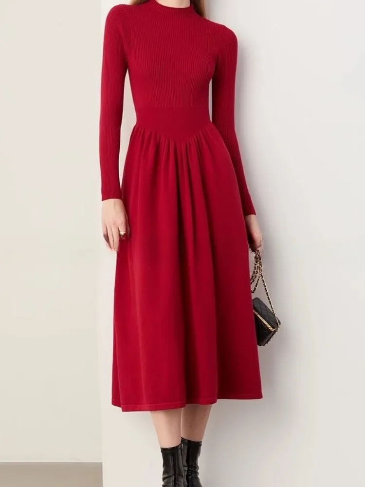 Knitted Dresses Women Red Elegant Temperament Aesthetic Advanced Prevalent Hepburn Style Long Sleeve All-match Mid-calf Autumn