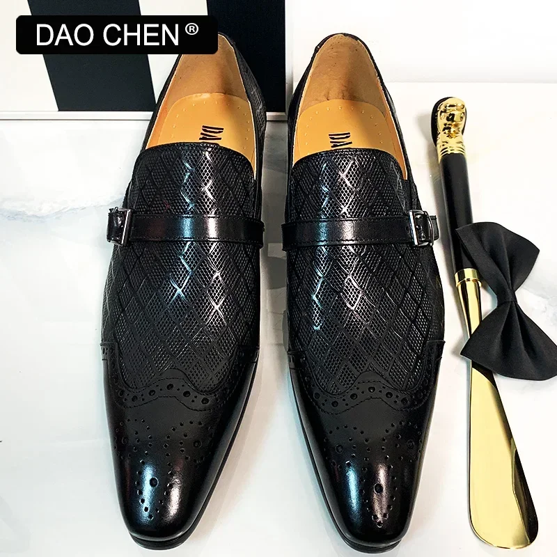 DAOCHEN MEN CASUAL SHOES BLACK COFFEE WINGTIP FORMAL MEN DRESS SHOES OFFICE WEDDING BUCKLE STRAP LEATHER LOAFERS FOR MEN