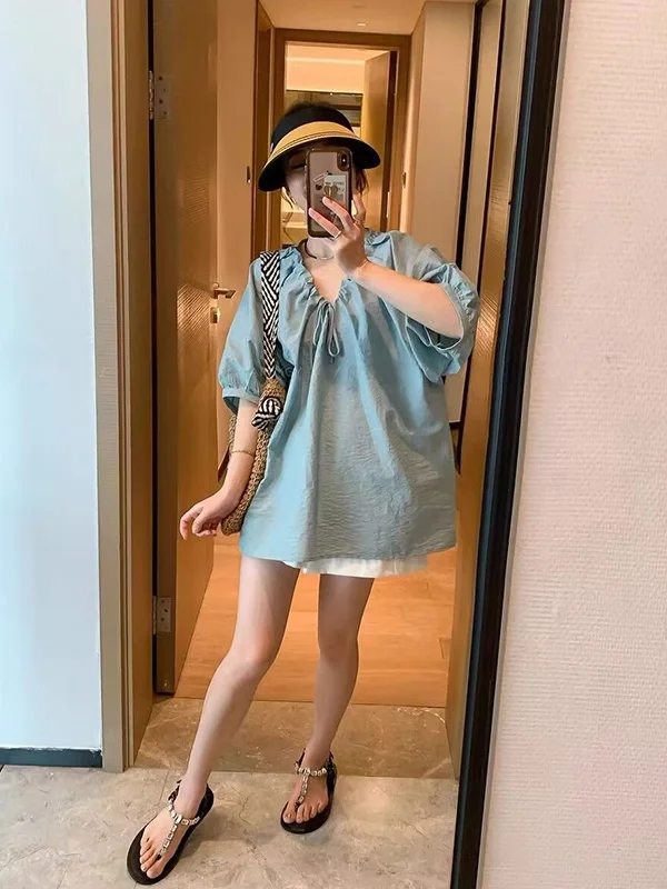 

plus Size 300 Pou Women's irt V-Ne Dstring ort Sve Pure Color Simple Sle Summer Top Korean Faion