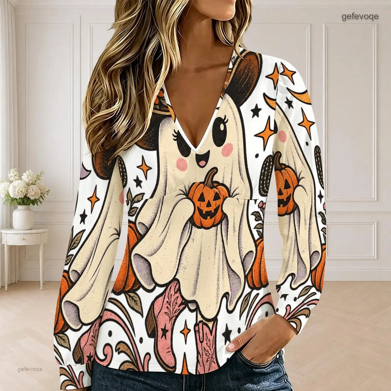 Women V Neck Long Sleeve Top Black Halloween Pumpkin Ghost Bat Star Moon Leaf Print Fitted Casual Top