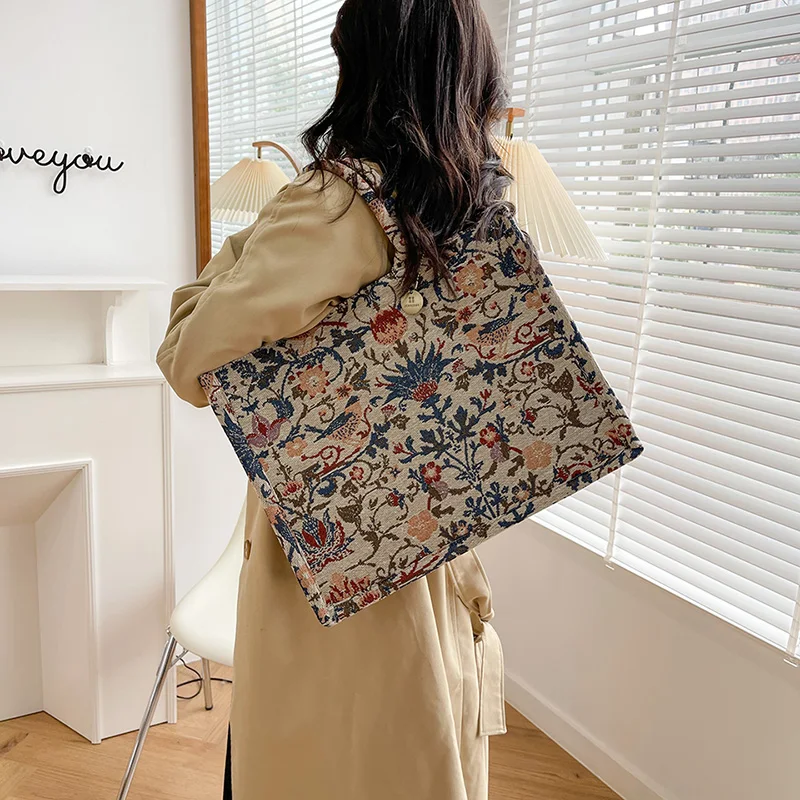 Vintage Designer Large Tote Embroidery Handbag and Purse for Women Shoulder Bags 2022 New Ladies Messenger Bag High Quality